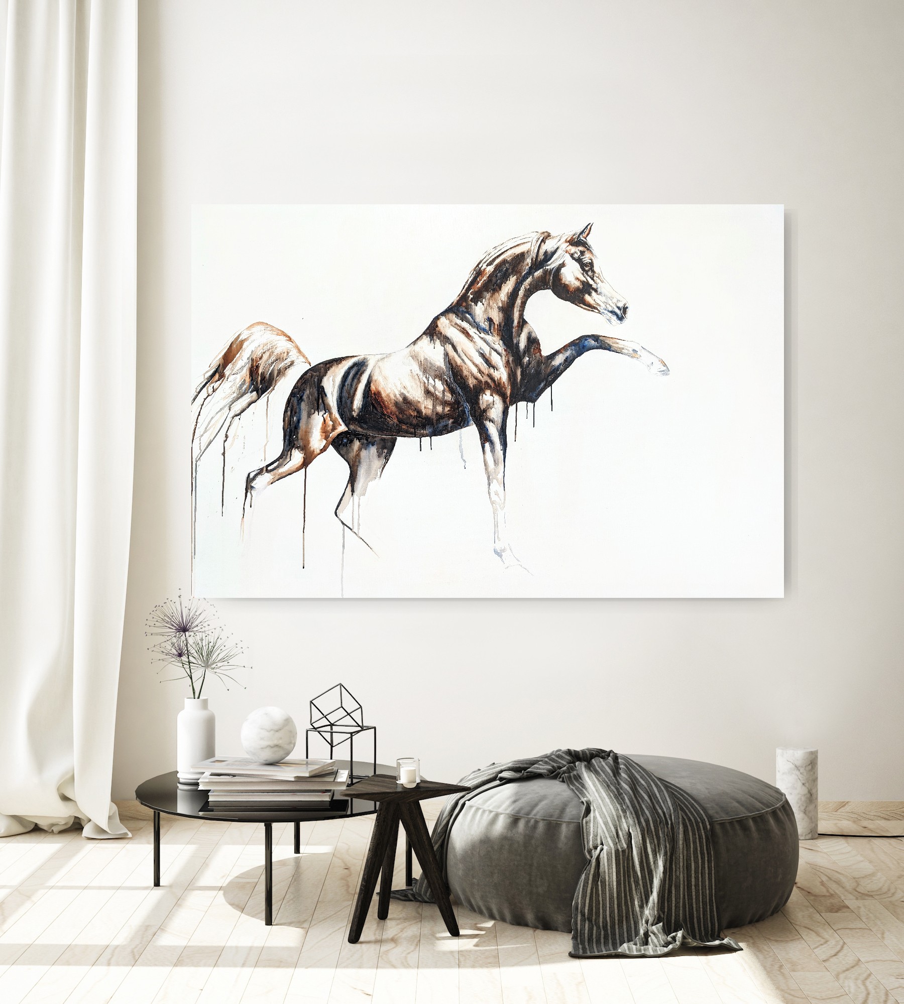 Rearing horse artwork in a minimal living room