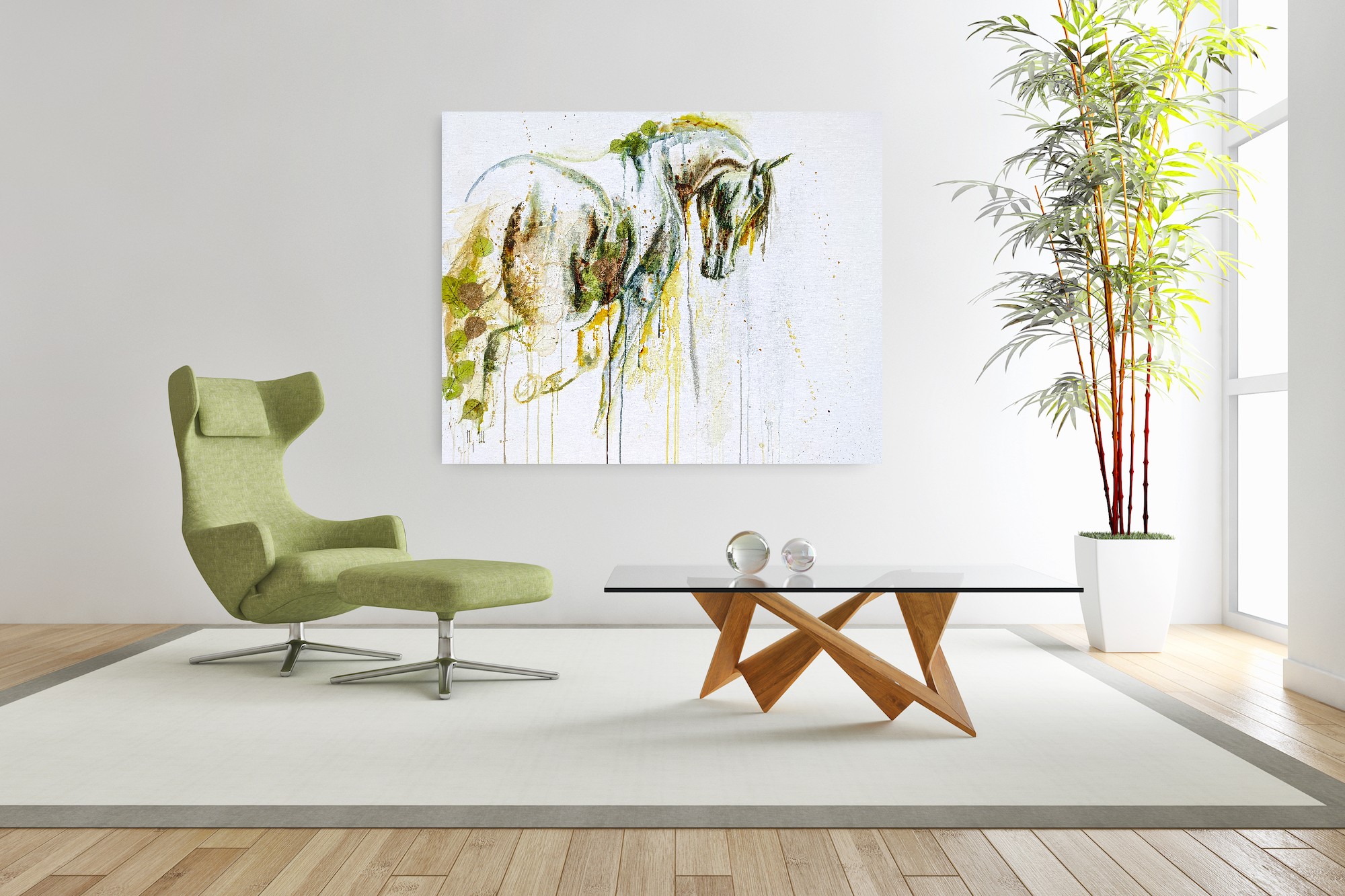 Expressive horse painting in a bright room