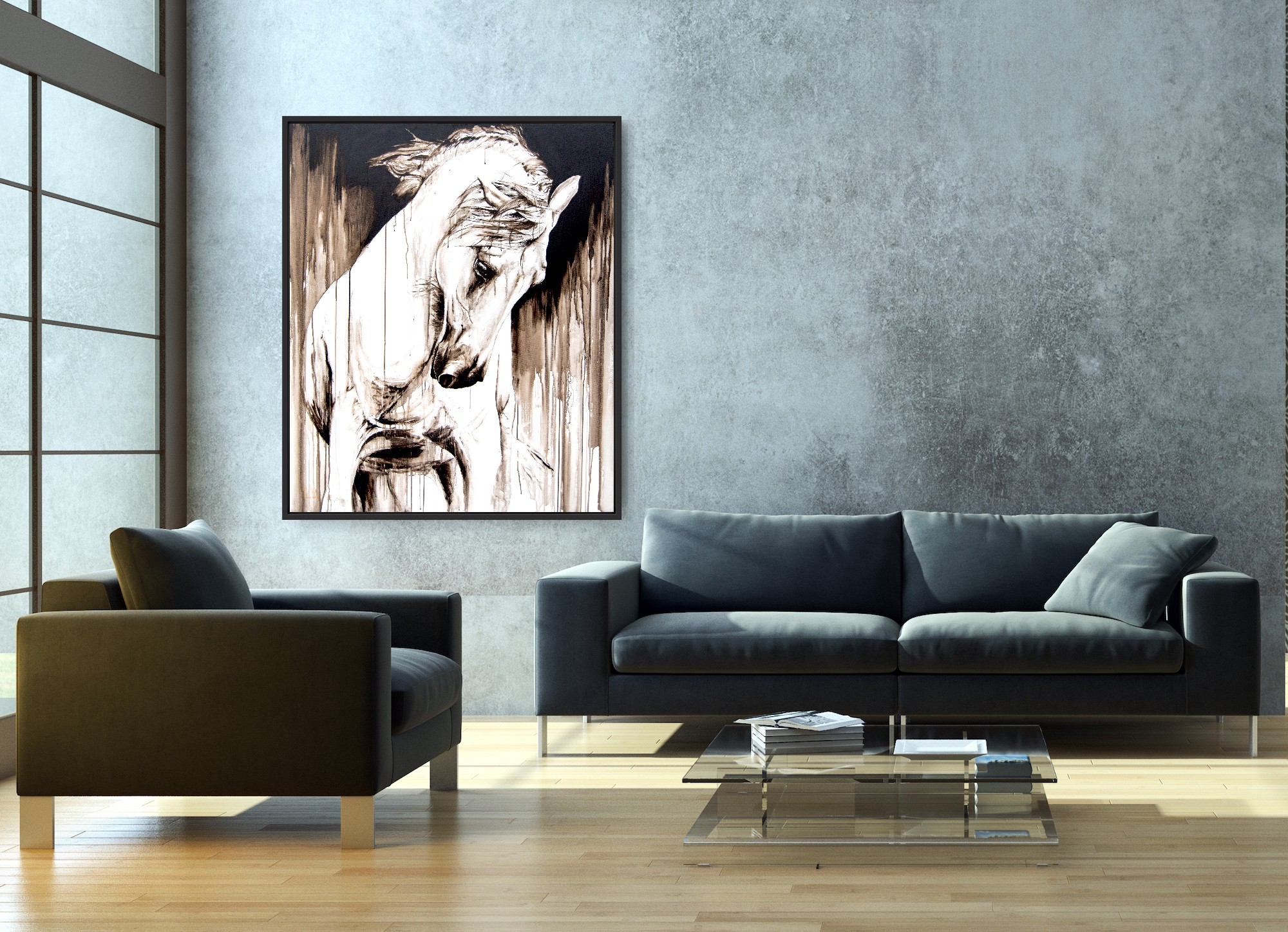 White horse portrait above a modern sofa