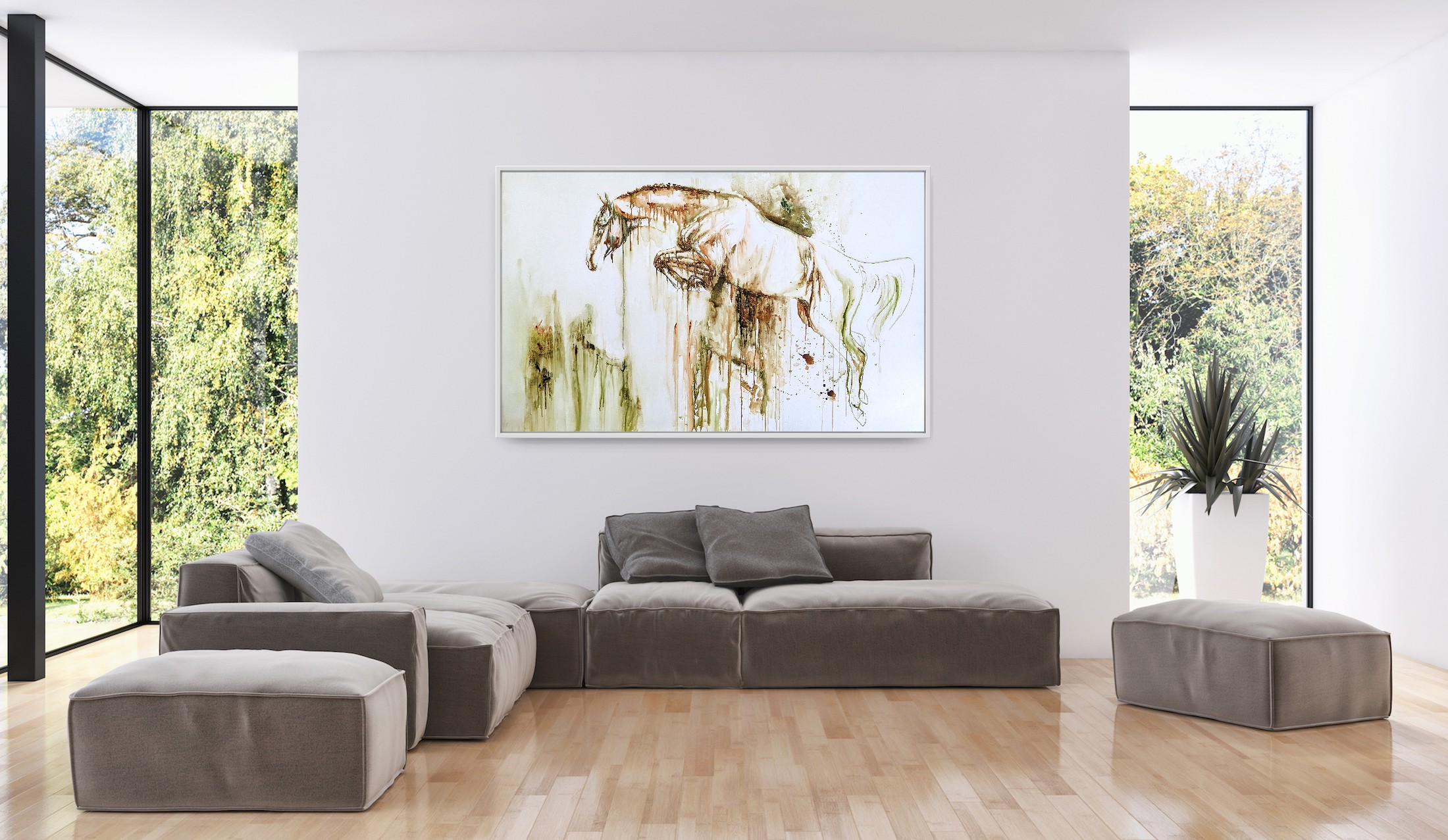 Large horse painting above a modular sofa