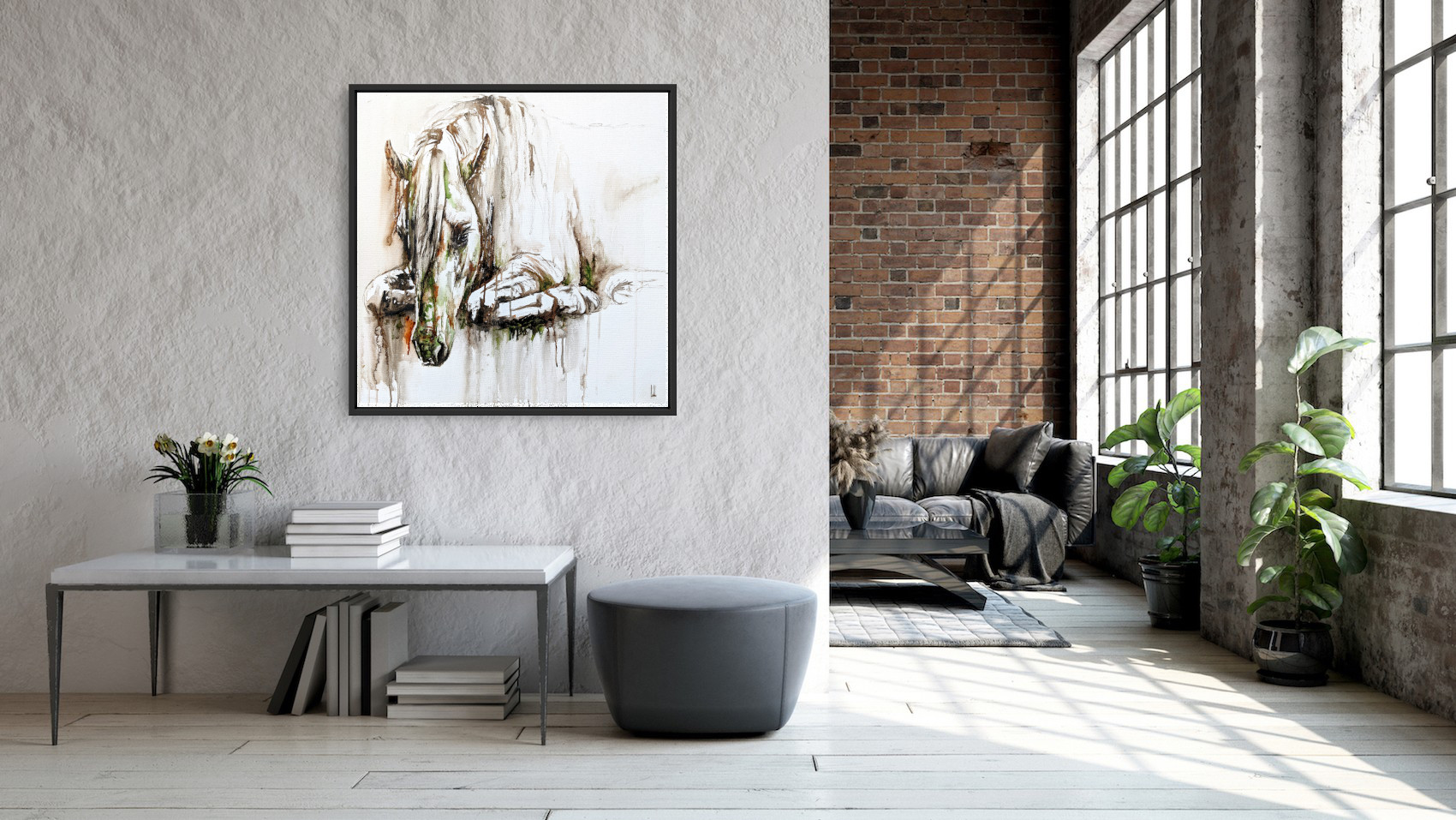 Horse artwork in an industrial loft interior