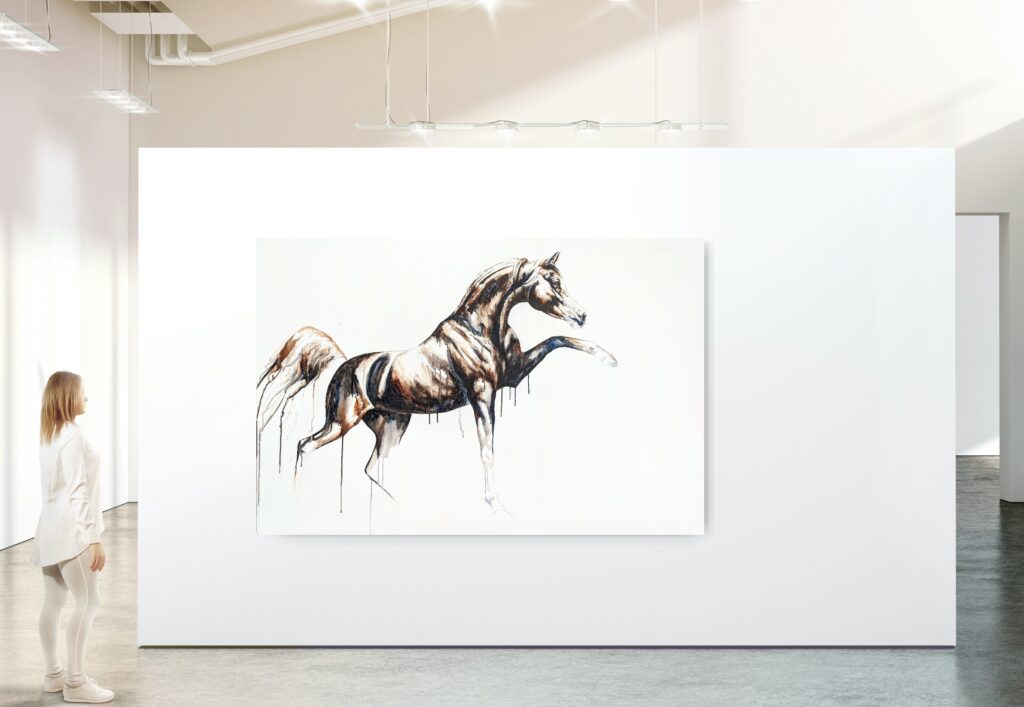 A custom horse artwork hanging in a gallery space